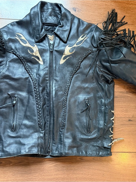 Jamin Leather Other - Men's Black Leather Fringe Jacket with Snake Flame Accents